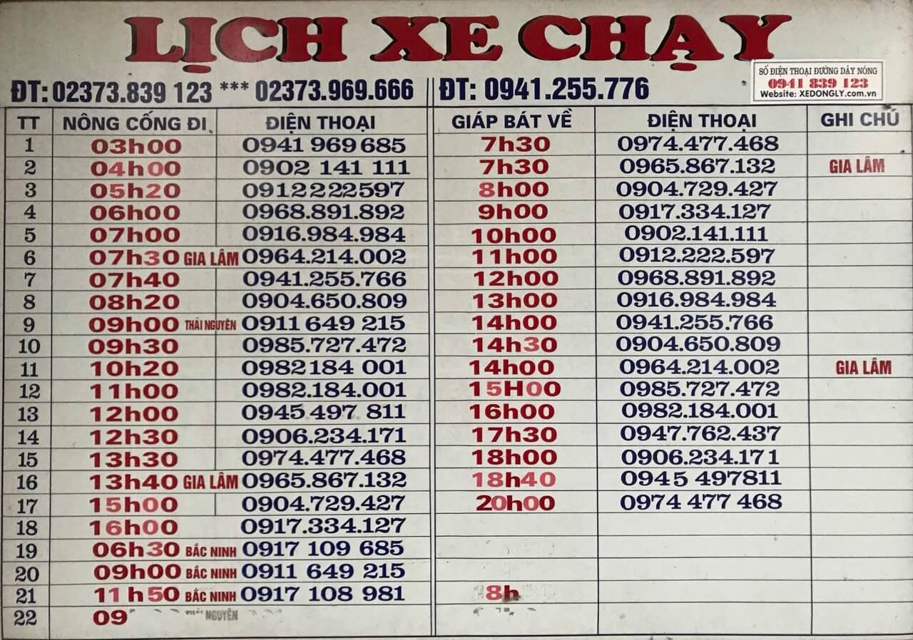 lịch trình xe Đông Lý chạy