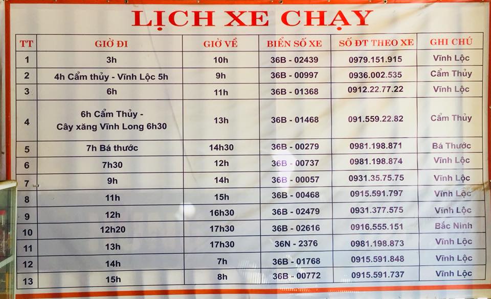 Lịch xe Hùng Thắng chạy